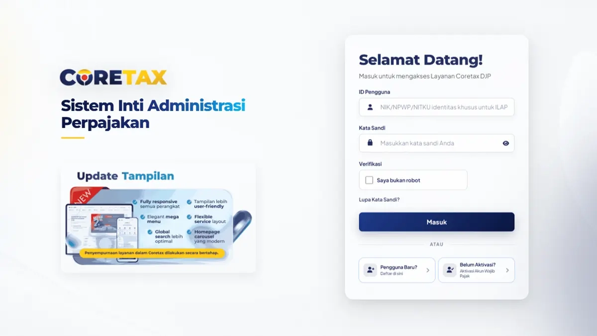 Tampilan sistem Coretax DJP dengan fitur pencarian layanan pajak